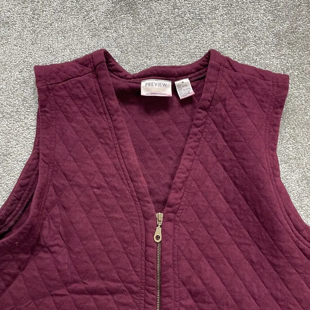 Preview International Quilted Vest Jacket Womens Medium Dark Red Zull Zip Pocket